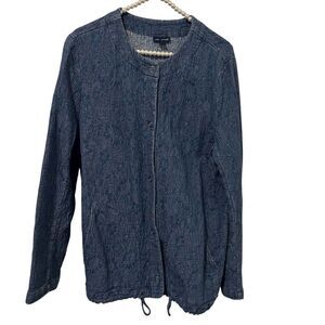 Pure Jill Jacket Womens M Blue Indigo Floral Jacquard Textured Boho Mature Offic